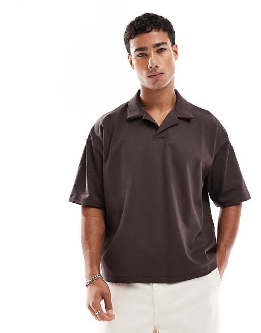 ASOS DESIGN heavyweight oversized boxy revere polo in brown