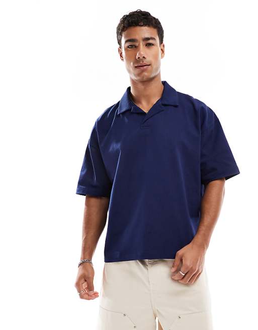 ASOS DESIGN heavyweight oversized boxy revere polo in navy