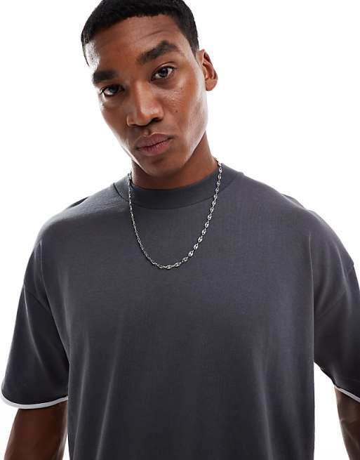 ASOS DESIGN Heavyweight Oversized Boxy T-shirt With Contrast White Binding In Charcoal