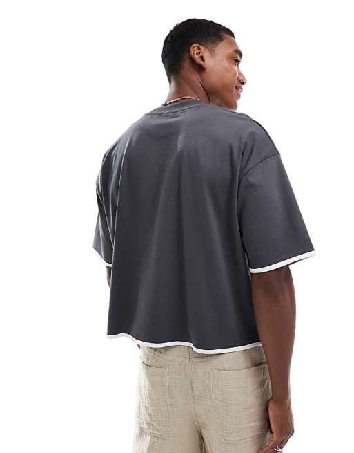 ASOS DESIGN Heavyweight Oversized Boxy T-shirt With Contrast White Binding In Charcoal