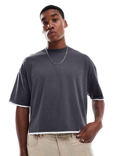 ASOS DESIGN heavyweight oversized boxy t-shirt with contrast white binding in charcoal