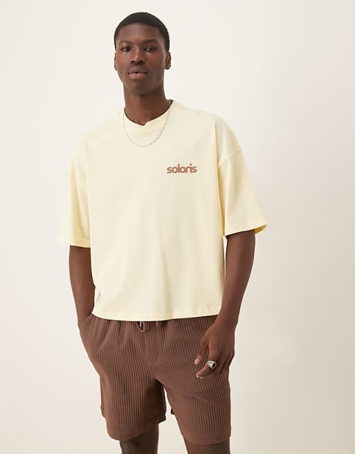 ASOS DESIGN heavyweight oversized drop shoulder t-shirt with print detail in yellow