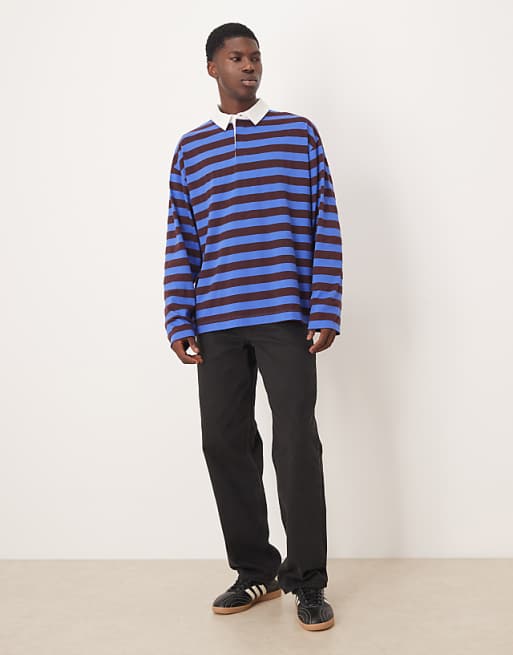 ASOS DESIGN Heavyweight Oversized Long Sleeve Rugby Polo In Blue And Brown Stripe