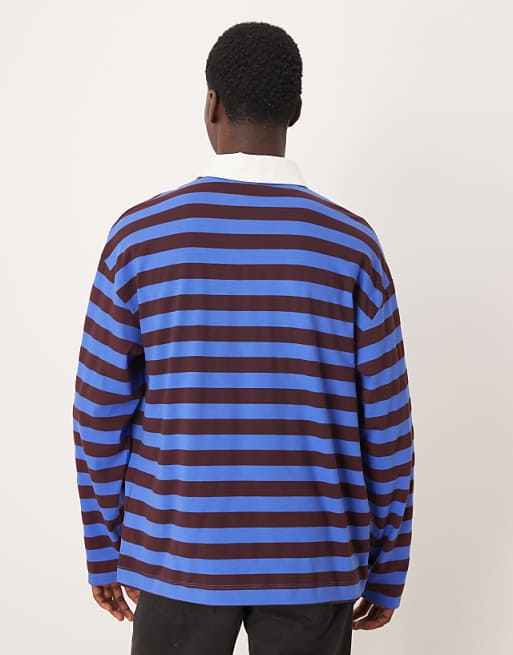 ASOS DESIGN Heavyweight Oversized Long Sleeve Rugby Polo In Blue And Brown Stripe
