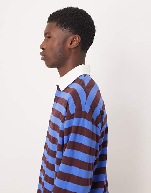 ASOS DESIGN Heavyweight Oversized Long Sleeve Rugby Polo In Blue And Brown Stripe