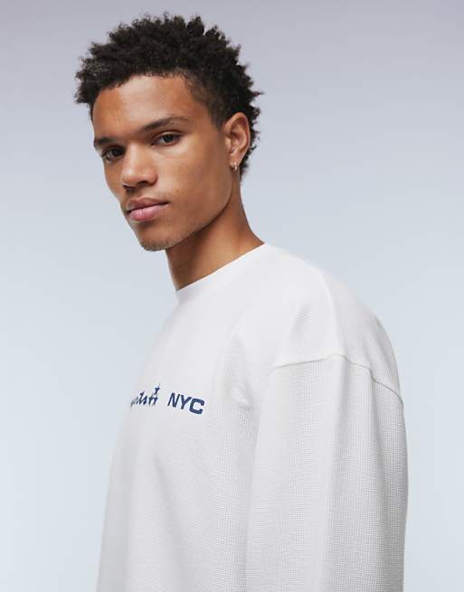 ASOS DESIGN Heavyweight Oversized Long Sleeve T-shirt With Street Graphics In Off White Waffle