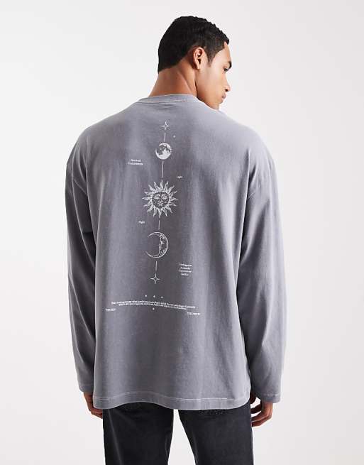 ASOS DESIGN heavyweight oversized long sleeve t-shirt with celestial spine graphic in washed grey