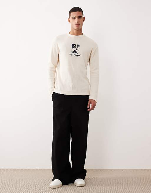 ASOS DESIGN Heavyweight Oversized Long Sleeve T-shirt With Multi-placement Graphics In Cream Waffle