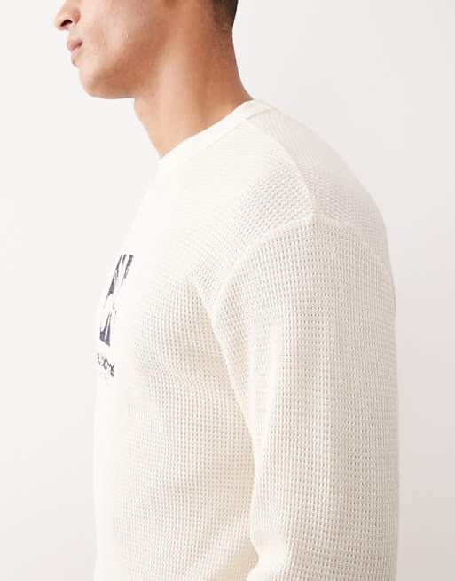 ASOS DESIGN Heavyweight Oversized Long Sleeve T-shirt With Multi-placement Graphics In Cream Waffle