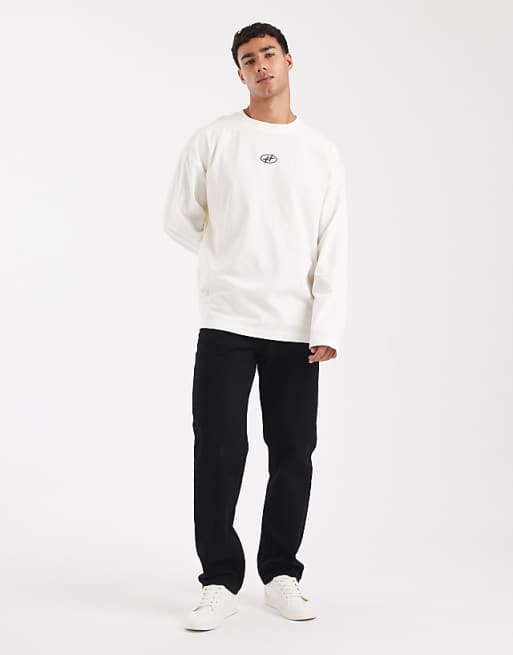 ASOS DESIGN Heavyweight Oversized Long Sleeve T-shirt With Printed Chest Badge And Cut A Sew Detail In Cream