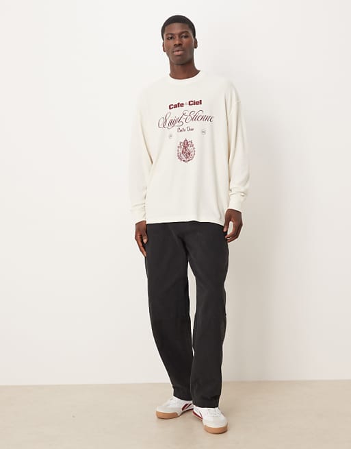 ASOS DESIGN Heavyweight Oversized Long Sleeve T-shirt With Text Graphic In Off White Waffle