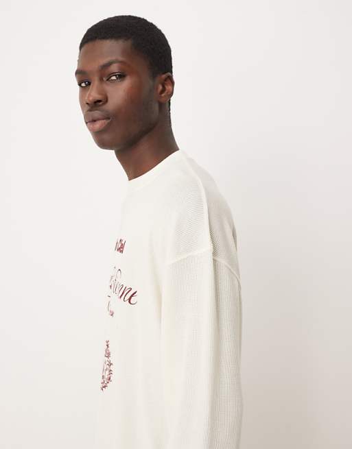 ASOS DESIGN Heavyweight Oversized Long Sleeve T-shirt With Text Graphic In Off White Waffle