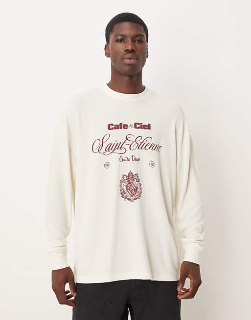 ASOS DESIGN heavyweight oversized long sleeve t-shirt with text graphic in off white waffle