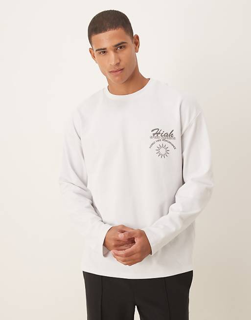 ASOS DESIGN Heavyweight Oversized Long Sleeve T-shirt With Sports Graphic In Grey Pique