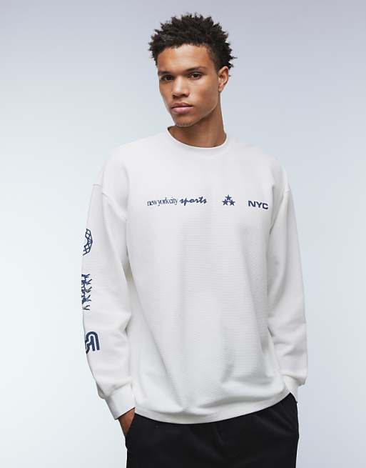 ASOS DESIGN heavyweight oversized long sleeve t-shirt with street graphics in off white waffle