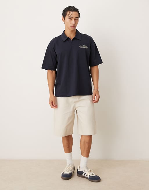 ASOS DESIGN Heavyweight Oversized Polo Shirt With Chest Embroidery In Navy
