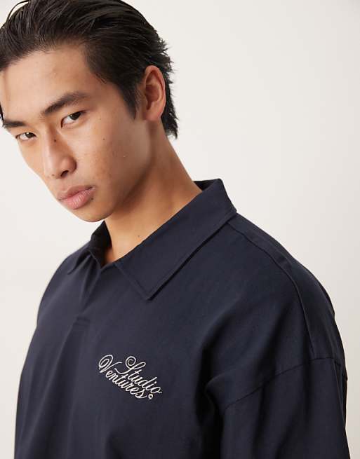 ASOS DESIGN Heavyweight Oversized Polo Shirt With Chest Embroidery In Navy