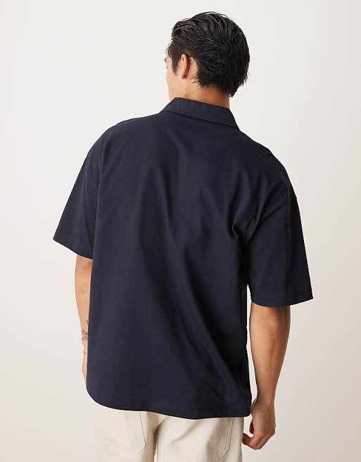 ASOS DESIGN Heavyweight Oversized Polo Shirt With Chest Embroidery In Navy