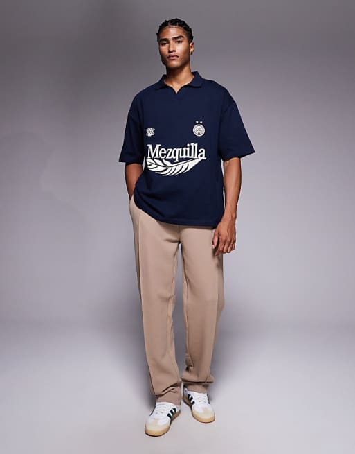 ASOS DESIGN Heavyweight Oversized Polo With Sports Graphic And Panelling In Navy