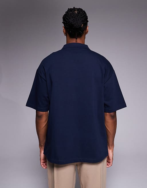 ASOS DESIGN Heavyweight Oversized Polo With Sports Graphic And Panelling In Navy