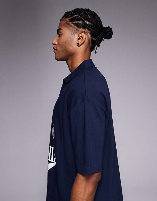 ASOS DESIGN Heavyweight Oversized Polo With Sports Graphic And Panelling In Navy