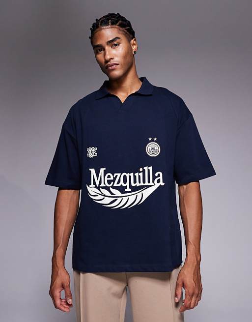 ASOS DESIGN heavyweight oversized polo with sports graphic and panelling in navy