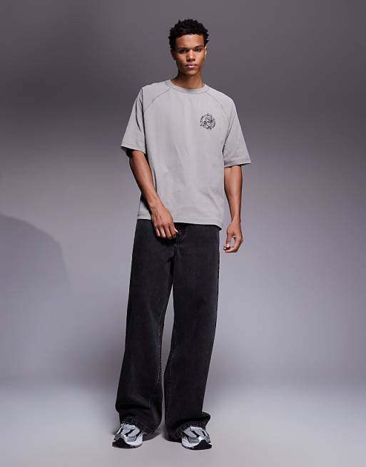 ASOS DESIGN Heavyweight Oversized Raglan T-shirt With Chest Graphic In Washed Khaki