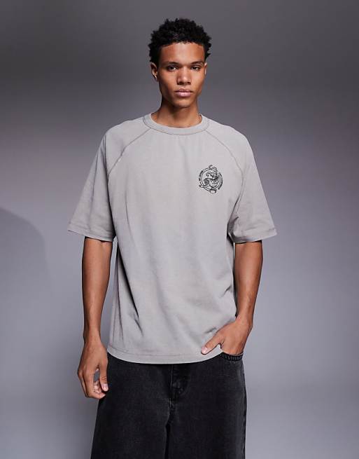 ASOS DESIGN heavyweight oversized raglan t-shirt with chest graphic in washed khaki