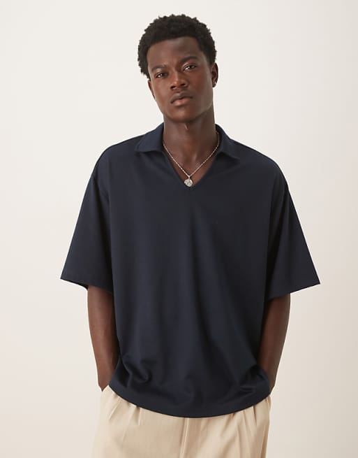 ASOS DESIGN heavyweight oversized revere notch neck polo in navy