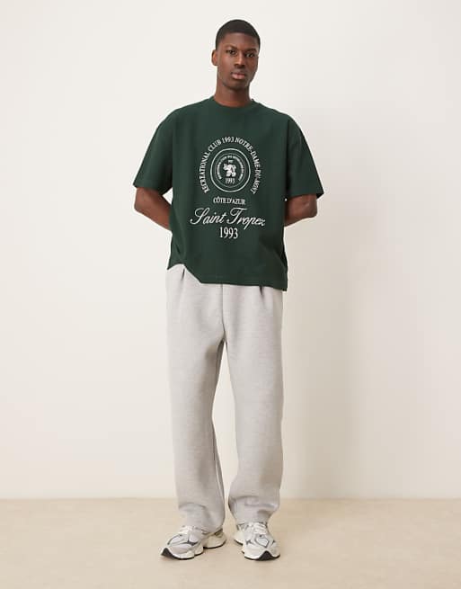 ASOS DESIGN Heavyweight Oversized T-shirt In Waffle Texture With City Graphic In Dark Green