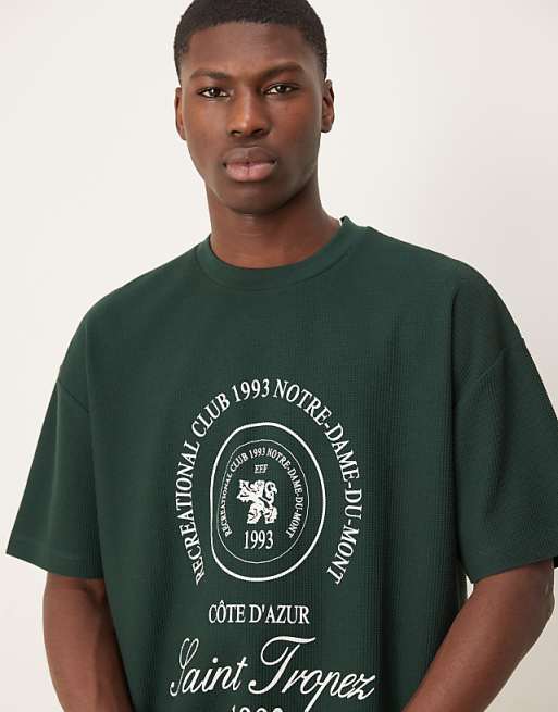 ASOS DESIGN Heavyweight Oversized T-shirt In Waffle Texture With City Graphic In Dark Green