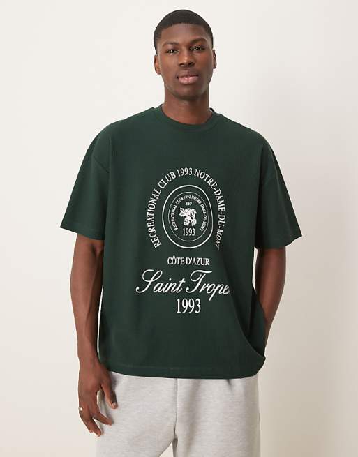 ASOS DESIGN heavyweight oversized t-shirt in waffle texture with city graphic in dark green
