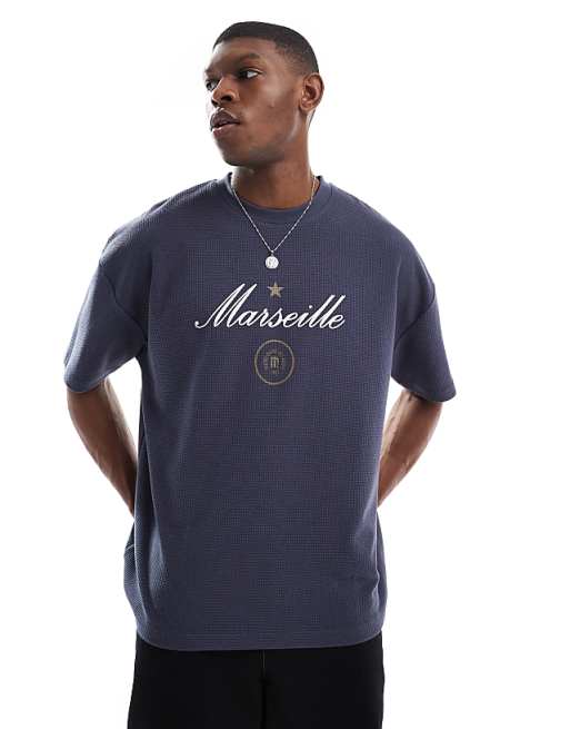 ASOS DESIGN heavyweight oversized t-shirt in waffle texture with city graphic in charcoal