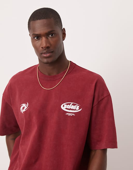 ASOS DESIGN Heavyweight Oversized T-shirt In Washed Burgundy With Text Graphic