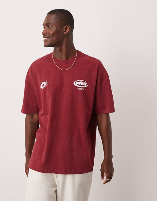 ASOS DESIGN Heavyweight Oversized T-shirt In Washed Burgundy With Text Graphic