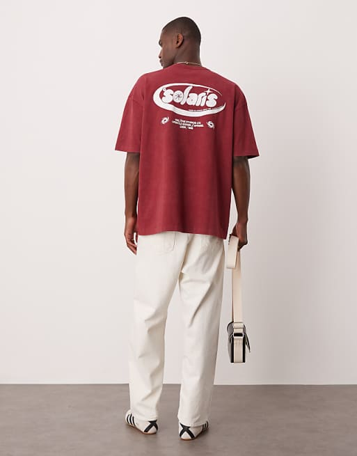 ASOS DESIGN Heavyweight Oversized T-shirt In Washed Burgundy With Text Graphic