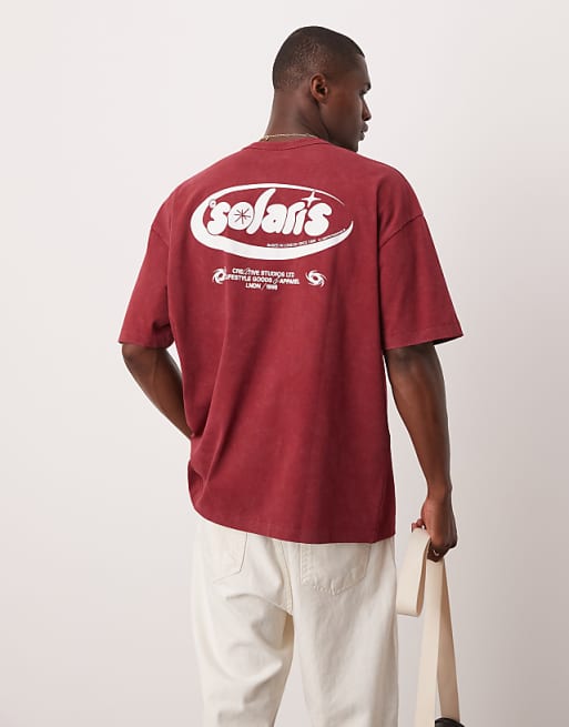 ASOS DESIGN heavyweight oversized t-shirt in washed burgundy with text graphic
