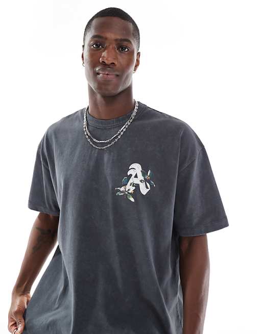 ASOS DESIGN Heavyweight Oversized T-shirt In Washed Black With Floral Text Graphic