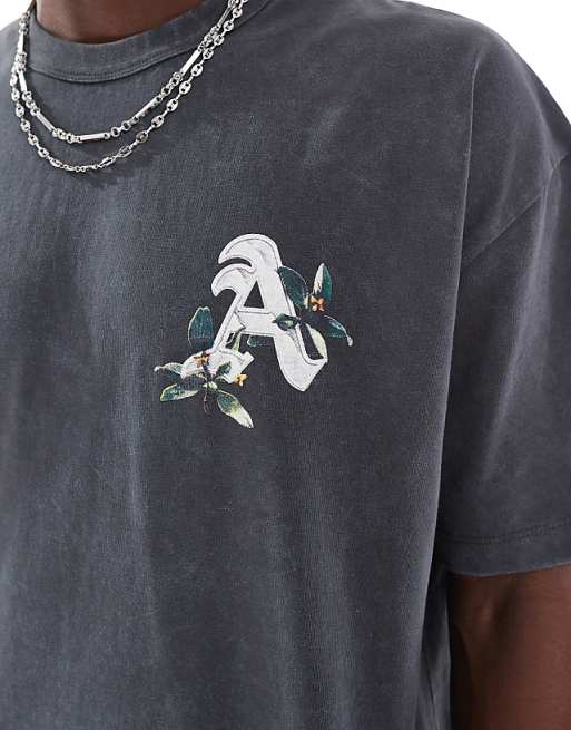 ASOS DESIGN Heavyweight Oversized T-shirt In Washed Black With Floral Text Graphic