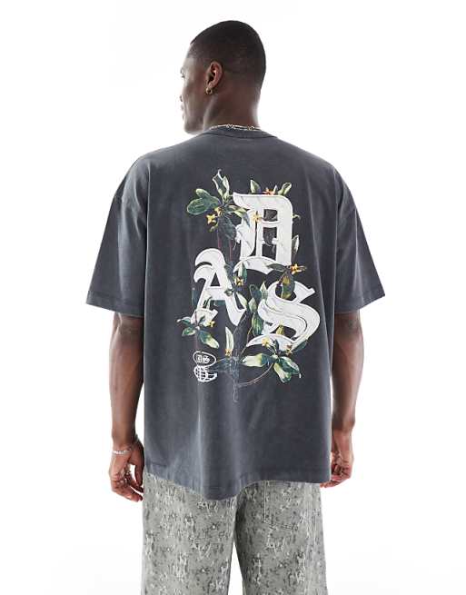 ASOS DESIGN heavyweight oversized t-shirt in washed black with floral text graphic