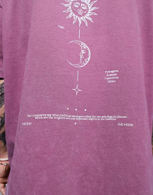 ASOS DESIGN Heavyweight Oversized T-shirt In Washed Pink With Celestial Spine Print