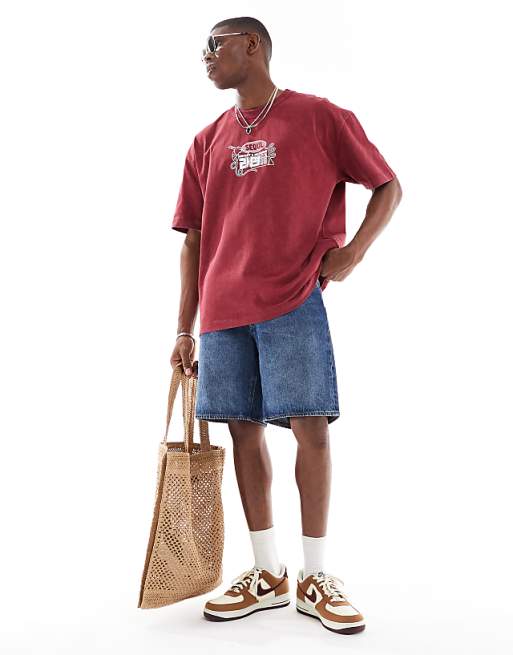 ASOS DESIGN Heavyweight Oversized T-shirt In With Front And Back Souvenir Print In Washed Red
