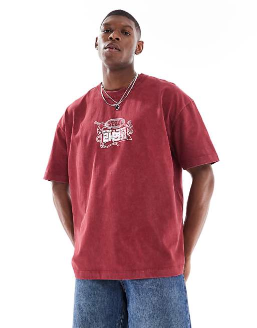 ASOS DESIGN Heavyweight Oversized T-shirt In With Front And Back Souvenir Print In Washed Red