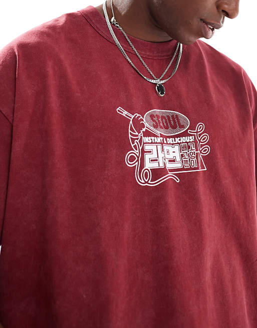 ASOS DESIGN Heavyweight Oversized T-shirt In With Front And Back Souvenir Print In Washed Red