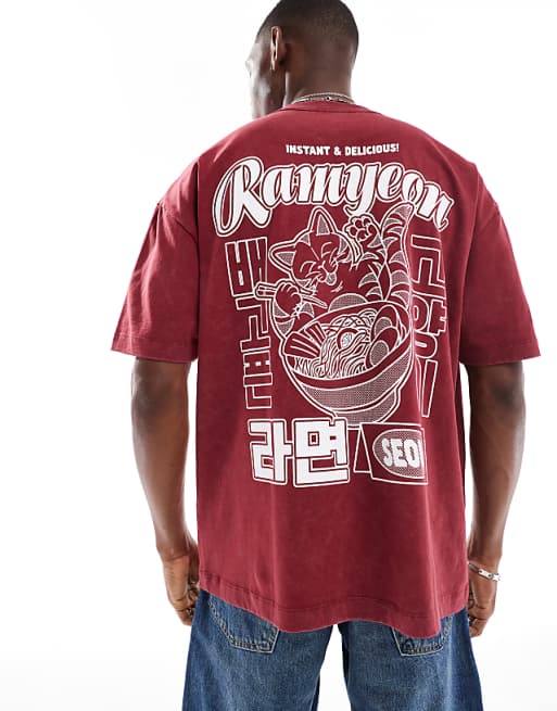 ASOS DESIGN heavyweight oversized t-shirt in with front and back souvenir print in washed red