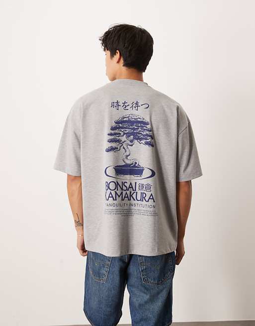 ASOS DESIGN heavyweight oversized t-shirt with bonsai graphic in grey marl