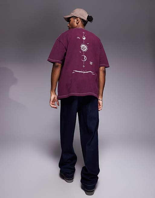 ASOS DESIGN Heavyweight Oversized T-shirt With Celestial Spine Graphic In Washed Burgundy