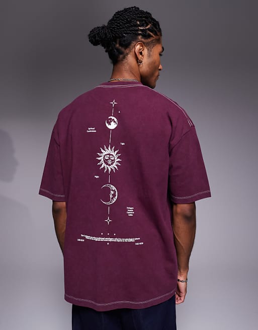 ASOS DESIGN heavyweight oversized t-shirt with celestial spine graphic in washed burgundy