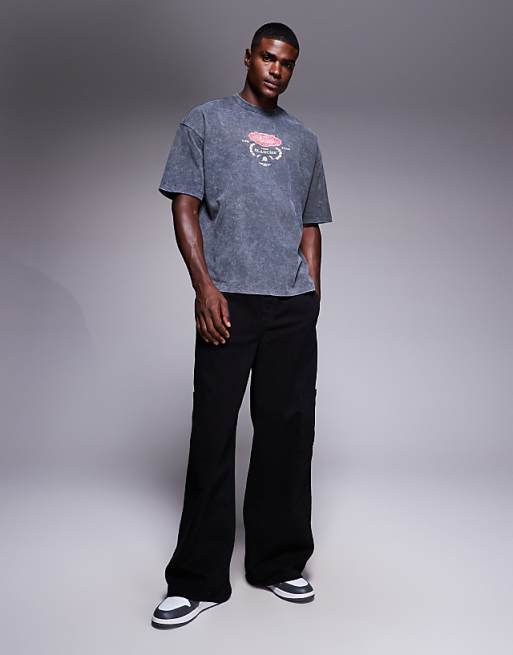 ASOS DESIGN Heavyweight Oversized T-shirt With Drinks Graphic In Washed Black