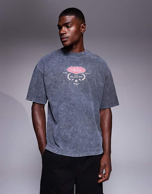 ASOS DESIGN Heavyweight Oversized T-shirt With Drinks Graphic In Washed Black